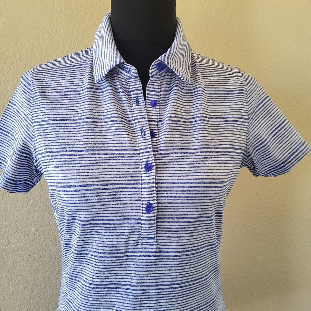 Under Armour Women’s Golf Polo Shirt White Blue Stripe S NWT - Picture 3 of 9